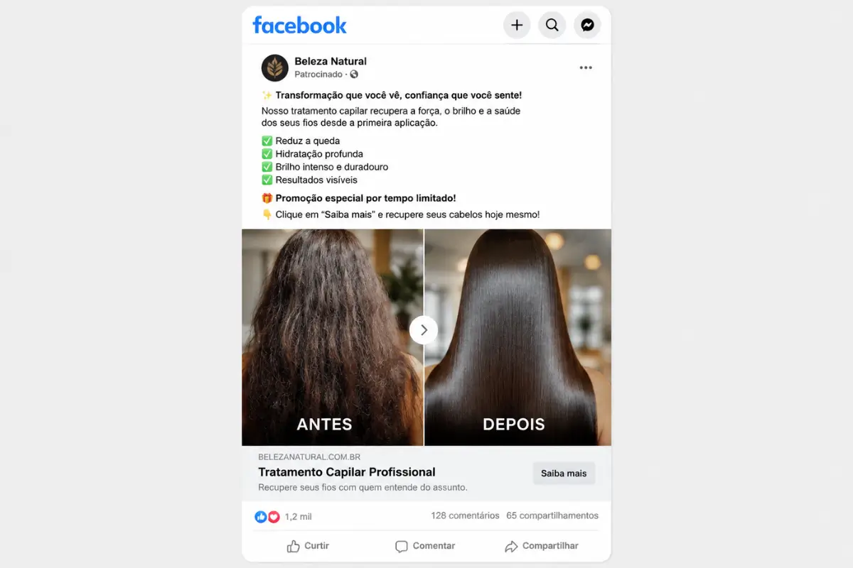 Anunciar no Facebook: 5 Exemplos Práticos Que Geram Vendas 3 Exemplo anúncio Facebook serviço local salão cabeleireiro estrutura texto