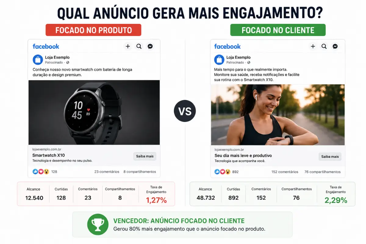 Anunciar no Facebook: 5 Exemplos Práticos Que Geram Vendas 2 Exemplos anúncios Facebook produto versus cliente estrutura texto