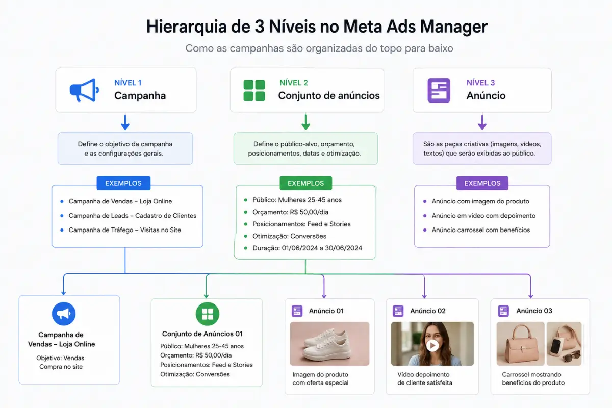 Meta Ads: Como Criar sua Primeira Campanha no Meta Ads Manager 3 Hierarquia Meta Ads Manager campanha conjunto anúncio três níveis