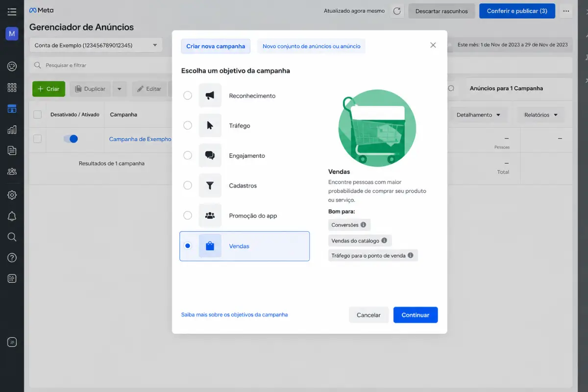 Meta Ads: Como Criar sua Primeira Campanha no Meta Ads Manager 2 Meta Ads Manager interface criação campanha objetivos disponíveis