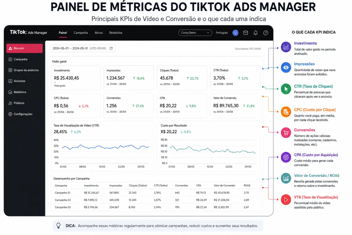 TikTok Ads: Guia de Como Criar Campanhas para Vender Mais 4 Painel métricas TikTok Ads Manager taxa visualização CTR custo conversão