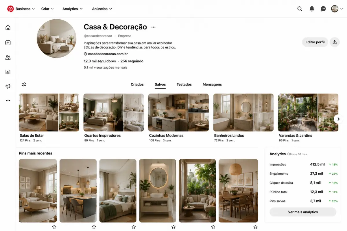 Marketing no Pinterest: Guia Completo para Gerar Tráfego 2 Perfil Pinterest Business organizado pins verticais análise marketing