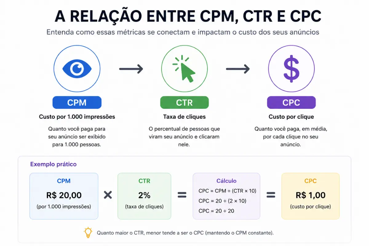 Anúncios no Facebook: Quanto Custa e Qual o Mínimo para Investir? 3 Relação CPM CTR CPC anúncios Facebook cálculo custo por clique