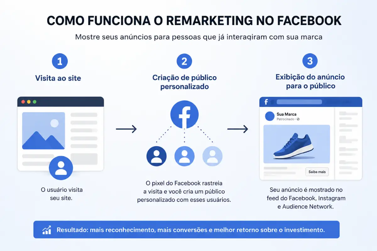 Anunciar no Facebook: 5 Exemplos Práticos Que Geram Vendas 5 Remarketing Facebook pixel público personalizado fluxo anúncio