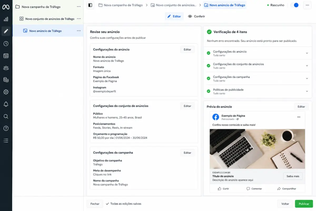 Meta Ads: Como Criar sua Primeira Campanha no Meta Ads Manager 4 Revisão campanha Meta Ads Manager antes publicar checklis